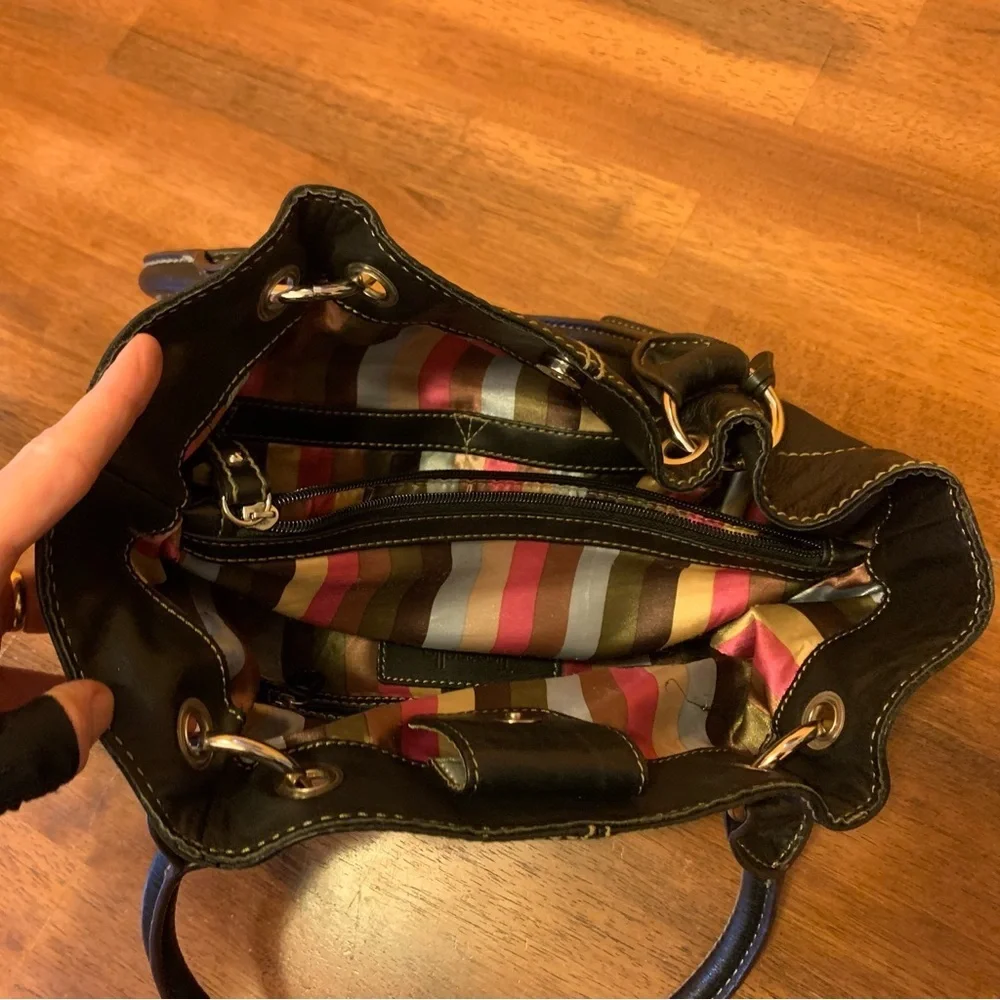 Tignanello Shoulder Bag Black Leather Purse Multi color stripe lining